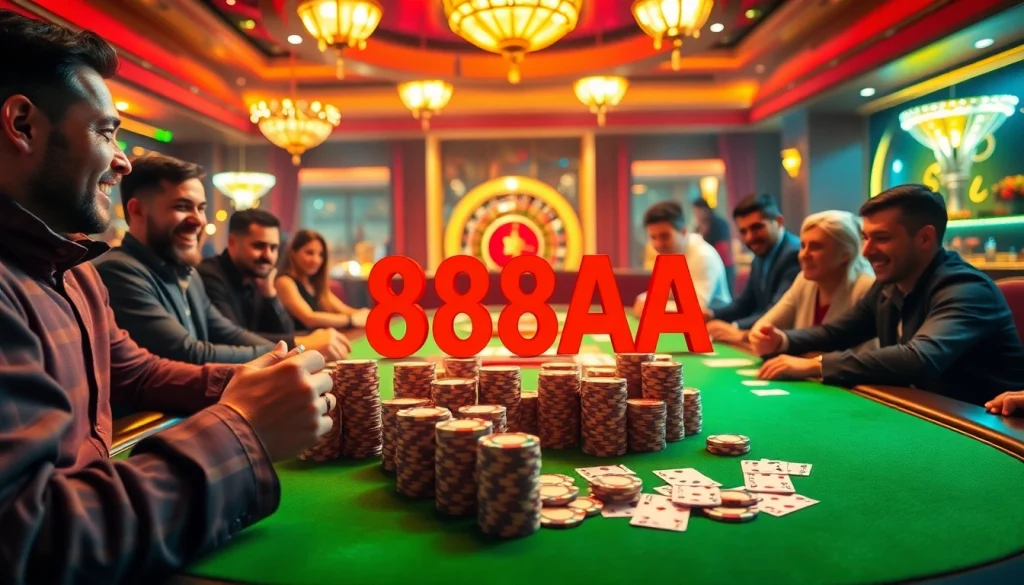 Experience the electrifying thrill of "88AA" at a vibrant poker table packed with players and colorful chips.