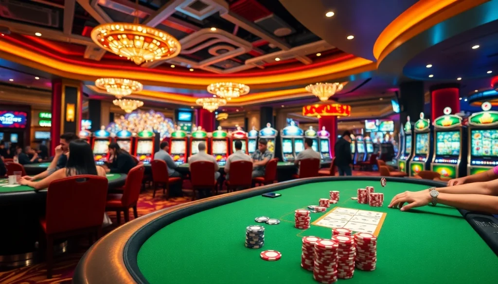 Engaging casino atmosphere with players at the poker table, showcasing fa88 gaming excitement.