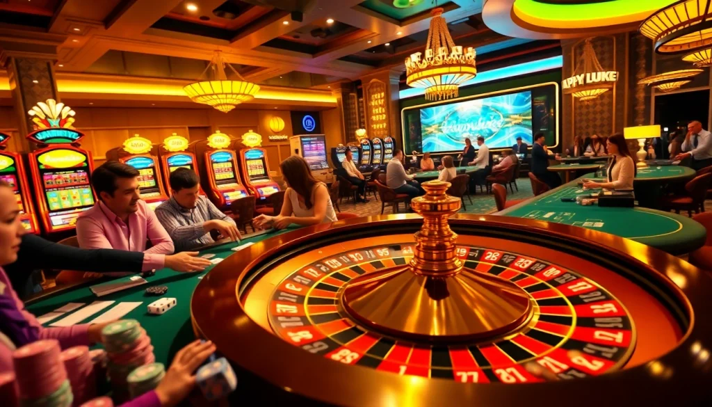 Experience the thrill of playing at Happyluke with vibrant casino tables, roulette wheels, and engaging players.