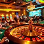 Experience the thrill of playing at Happyluke with vibrant casino tables, roulette wheels, and engaging players.