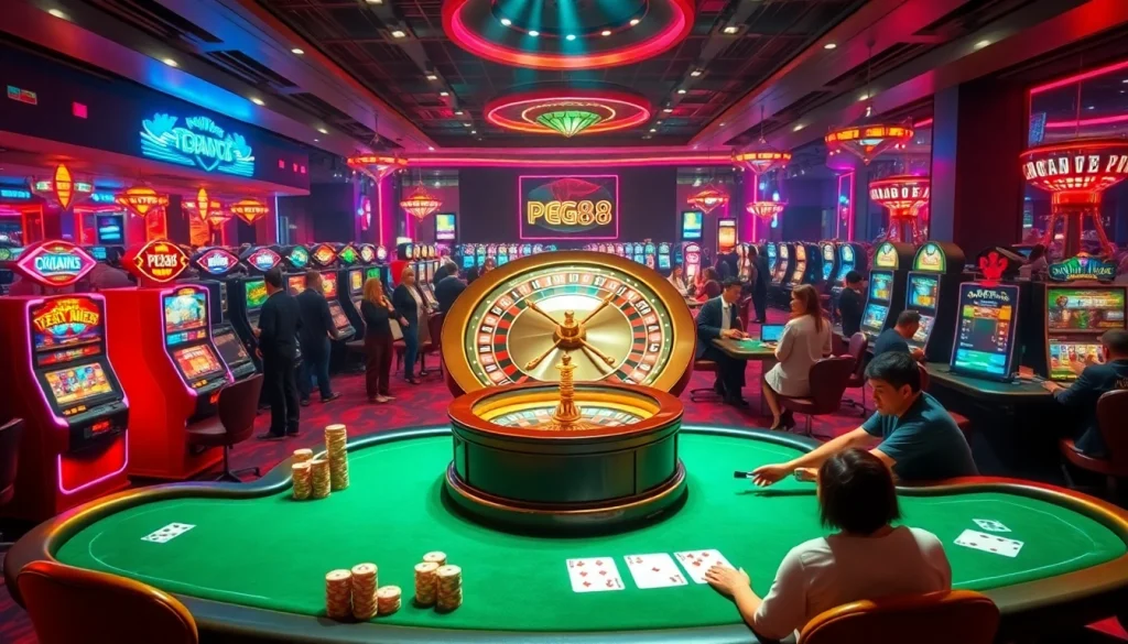Engaging scene of PG88 Casino showcasing vibrant players at slot machines and roulette tables.