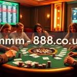 Players enjoy an exciting poker game at https://mm88.co.uk/, showcasing vibrant casino elements like cards and chips.