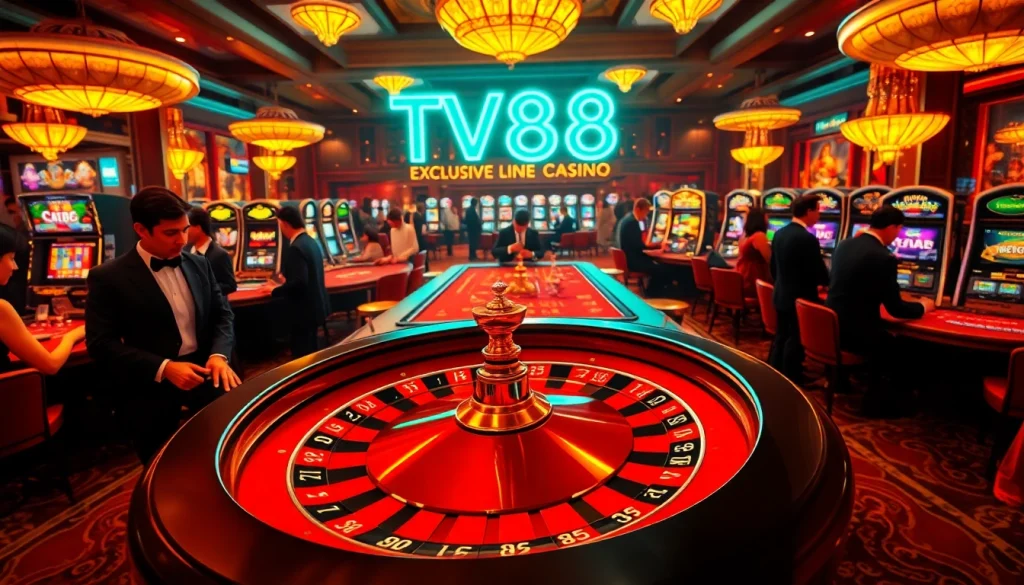 TV88 neon sign shining over a vibrant casino full of excited gamblers playing tables and slot machines.