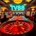 TV88 neon sign shining over a vibrant casino full of excited gamblers playing tables and slot machines.