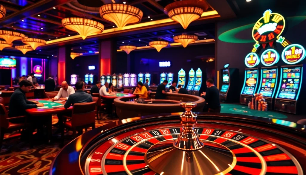 RR88 casino atmosphere with players engaged in blackjack and poker.