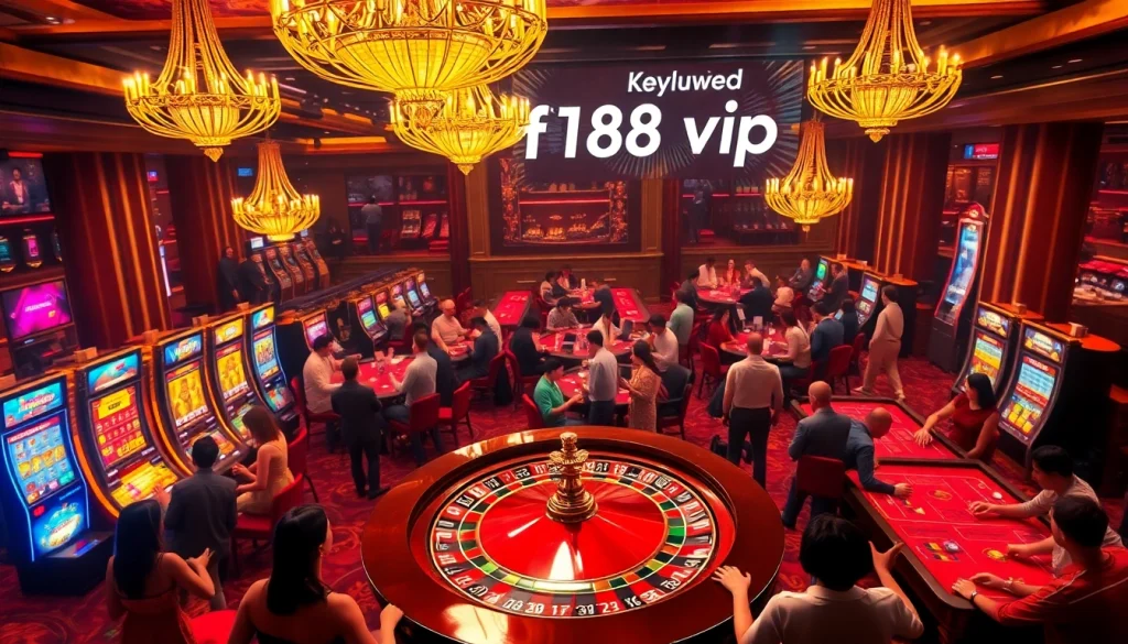 Engage in exciting casino activities at F168 VIP, showcasing roulette, slots, and poker tables in luxury.