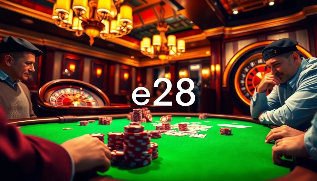 Intense poker game scene showcasing e28 stakes, chips, and cards in a bustling casino atmosphere.