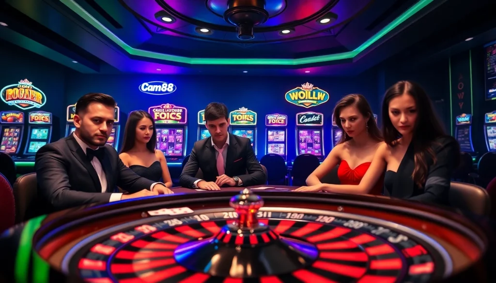 Experience high-stakes poker and vibrant slot machines in this cm88 casino gaming scene, showcasing excitement and luxury.