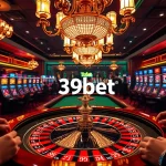 Exciting casino scene showcasing players at a roulette table and slot machines, emphasizing 39bet's luxurious gaming experience.
