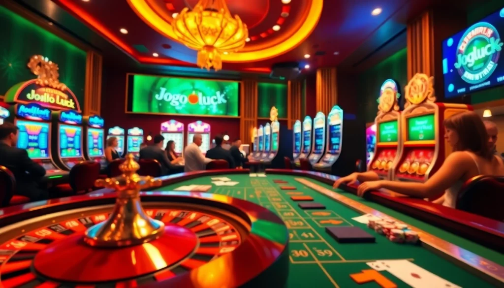 Experience the thrill at jogoluck casino, with players betting at exciting roulette tables under vibrant lights.