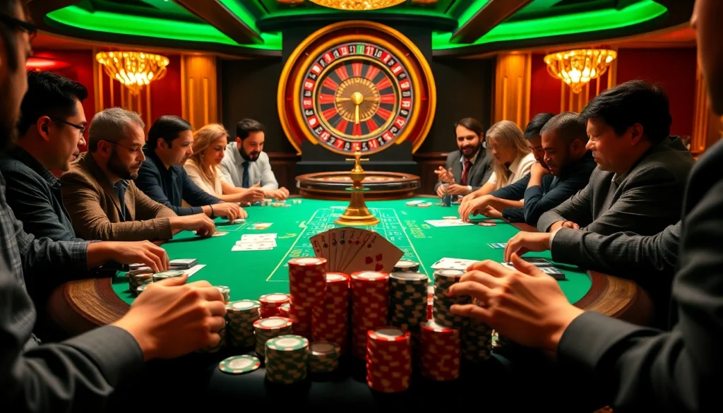 Players at the aa888 poker table immersed in a high-stakes game with vibrant chips and cards.