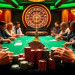 Players at the aa888 poker table immersed in a high-stakes game with vibrant chips and cards.