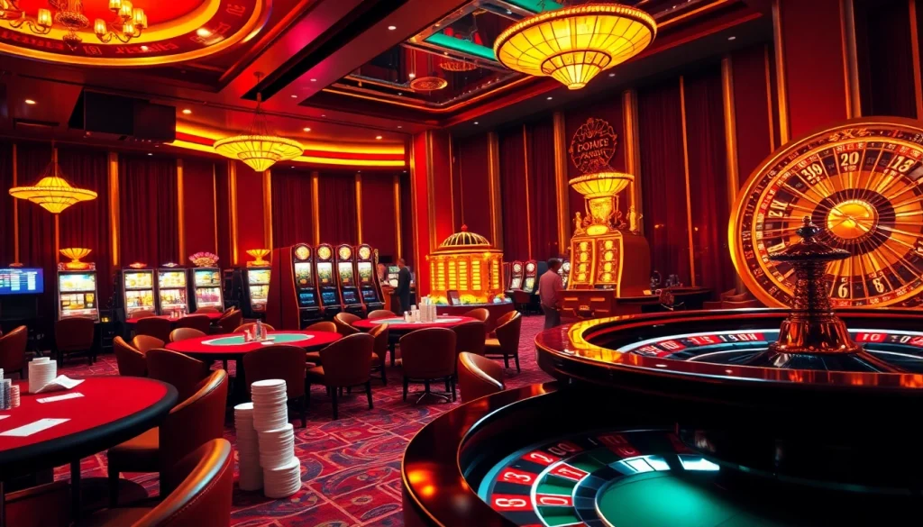Experience thrilling gameplay at https://xx88.bz/ in a luxurious casino filled with poker tables, slot machines, and vibrant ambiance.