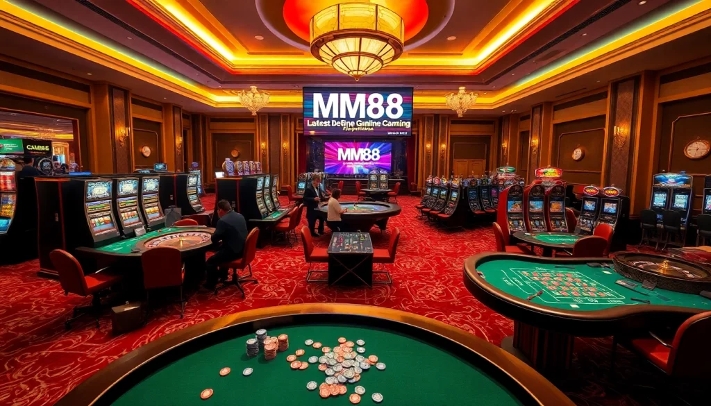 MM88 casino scene showcasing dynamic gameplay at roulette and blackjack tables, rich colors, and inviting atmosphere.