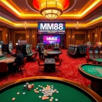 MM88 casino scene showcasing dynamic gameplay at roulette and blackjack tables, rich colors, and inviting atmosphere.