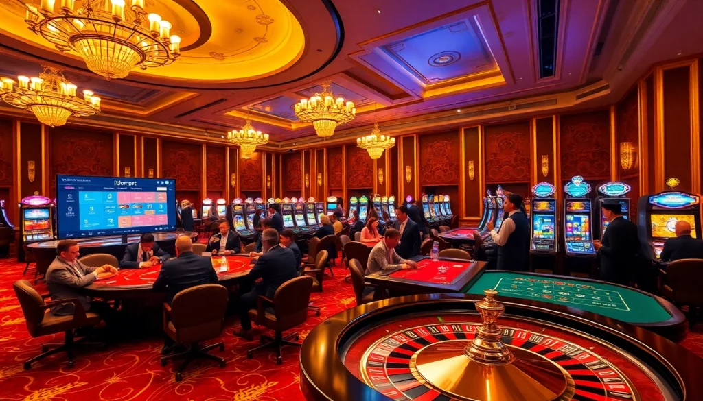 i1dompet brings casino excitement to life with players at roulette and poker tables.