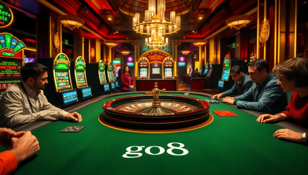 Experience the thrill of the casino with a vibrant 'go8' poker scene featuring players, modern slot machines, and a roulette wheel.