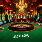 Experience the thrill of the casino with a vibrant 'go8' poker scene featuring players, modern slot machines, and a roulette wheel.