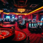 8XBET casino floor filled with excited players at roulette and poker tables.