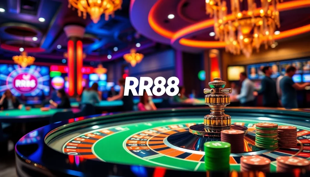 Experience the excitement at RR88's roulette table, where players bet on thrilling outcomes in a luxurious casino atmosphere.