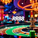 Experience the excitement at RR88's roulette table, where players bet on thrilling outcomes in a luxurious casino atmosphere.