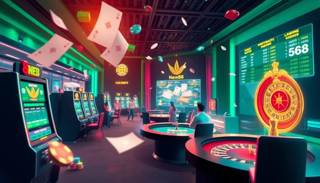 Experience the thrilling excitement of new88 with vibrant online casino action featuring digital tables and colorful gaming elements.
