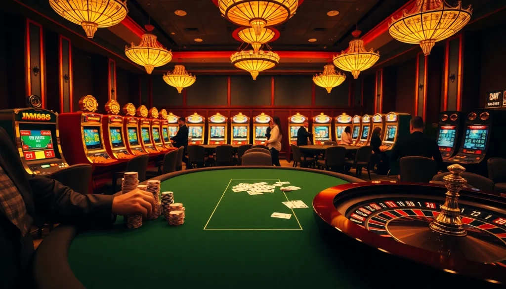 MM88 poker enthusiasts enjoying a thrilling game at a casino table with vibrant chips and cards.