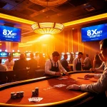 Engaged players at a blackjack table with 8XBET branding amidst a luxurious casino setting.