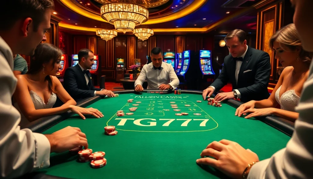 TG777 Casino surrounded by players at a blackjack table, showcasing vibrant casino excitement.
