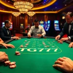 TG777 Casino surrounded by players at a blackjack table, showcasing vibrant casino excitement.
