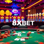 Thrilling game of Blackjack at Nhà Cái 8XBET, where players engage in lively action amidst colorful casino ambiance.