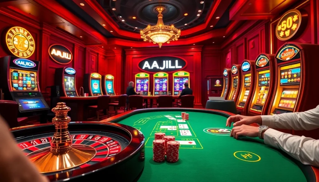 Engage with the thrilling world of AAAJILI PH, showcasing intense poker action and dazzling slot machines in a luxurious casino environment.