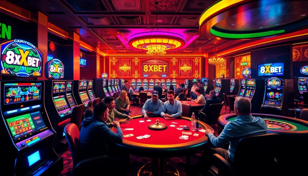 8XBET enhances the thrill of poker at a vibrant casino table, showcasing exciting gameplay in a lively atmosphere.