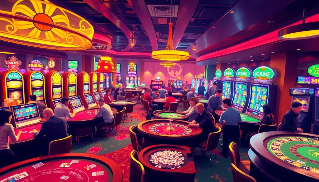 Experience the excitement of Happyluke casino with vibrant gaming tables and flashing slots.