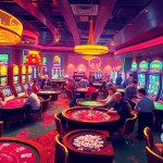Experience the excitement of Happyluke casino with vibrant gaming tables and flashing slots.