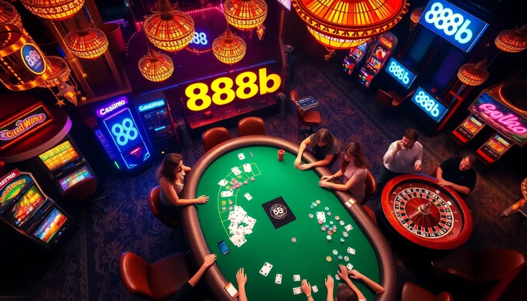 A vibrant casino scene featuring the keyword 888b, with players excitedly interacting around a poker table and slot machines.