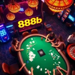 A vibrant casino scene featuring the keyword 888b, with players excitedly interacting around a poker table and slot machines.