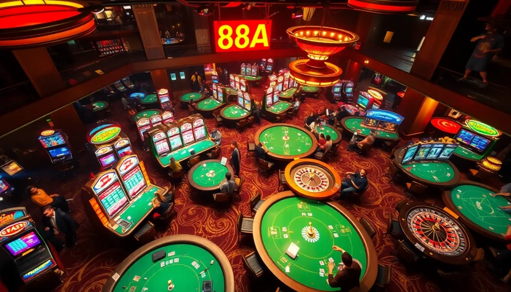 Players celebrating wins at a vibrant casino scene featuring 88AA neon sign, poker tables, and slot machines.