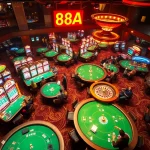 Players celebrating wins at a vibrant casino scene featuring 88AA neon sign, poker tables, and slot machines.
