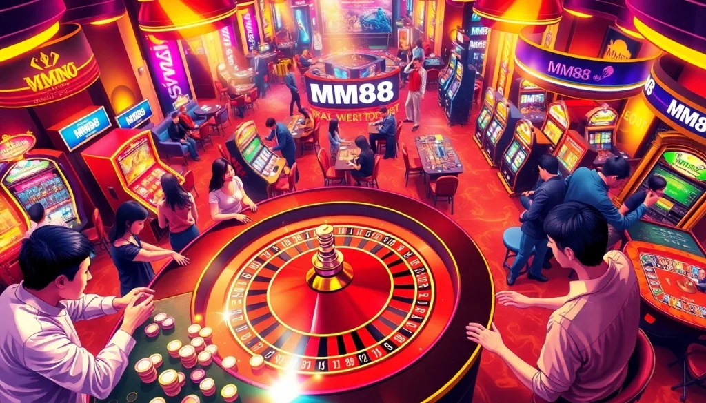 MM88 casino scene showing players enjoying roulette and slot machines with vibrant atmosphere.