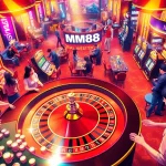 MM88 casino scene showing players enjoying roulette and slot machines with vibrant atmosphere.