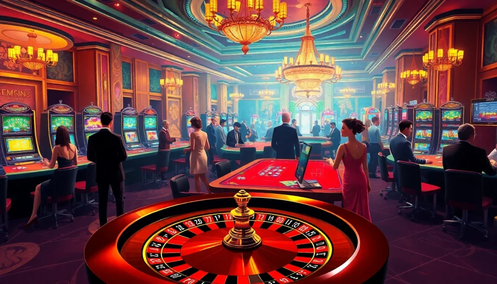 High-stakes action at an upscale casino featuring gambling tables and vibrant slot machines promoting https://mm88.com.se/.