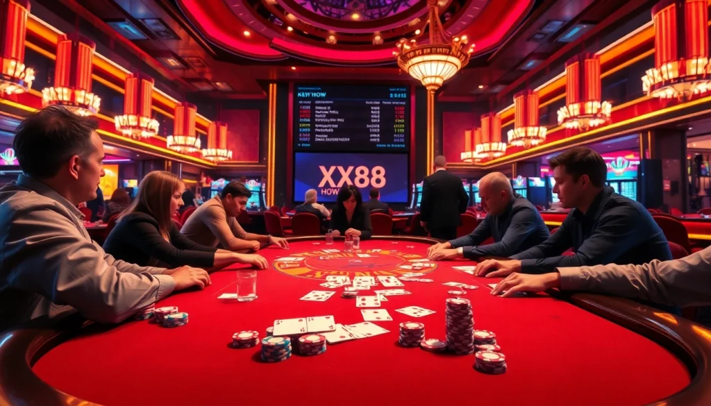 Players engaging in intense poker competition at XX88 HOW casino, showcasing vibrant chips and cards.