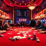 Players engaging in intense poker competition at XX88 HOW casino, showcasing vibrant chips and cards.