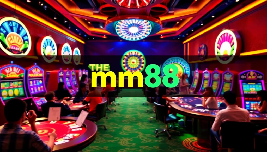 Dynamic casino scene with players enjoying mm88 slot machines and poker tables.
