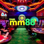 Dynamic casino scene with players enjoying mm88 slot machines and poker tables.