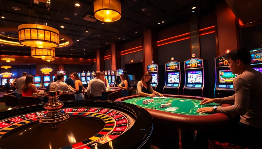 Experience the excitement of gambling at ok8386.com with players at a roulette table and vibrant slot machines.