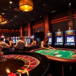 Experience the excitement of gambling at ok8386.com with players at a roulette table and vibrant slot machines.
