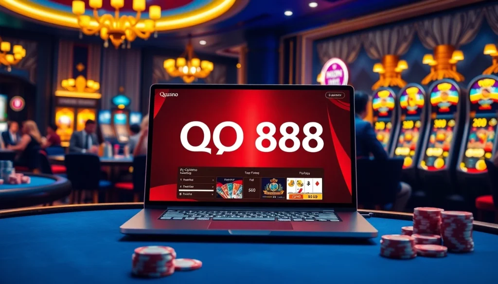 Experience the thrill of online gaming with QQ888 showcasing an exciting poker game and casino tables.