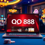 Experience the thrill of online gaming with QQ888 showcasing an exciting poker game and casino tables.